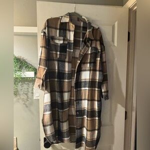Plaid long cozy shacket in Brown and Black